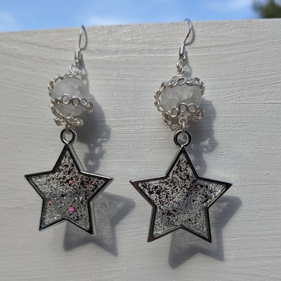 Quartz Crystal Silver Star Earrings Long Resin Handmade - Picture 7 of 8